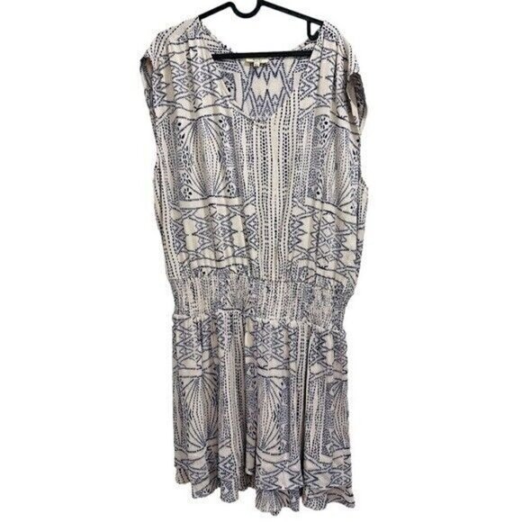 Kori America Crinkle Aztec Print Smock Waist Band Dress Navy Women’s Size Large - Picture 10 of 13